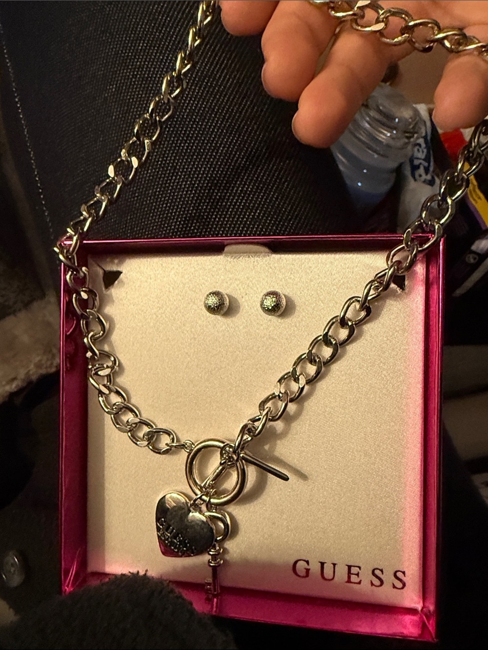 Guess Silver-Tone Heart & Key Charm Necklace with Crystal Stud Earrings